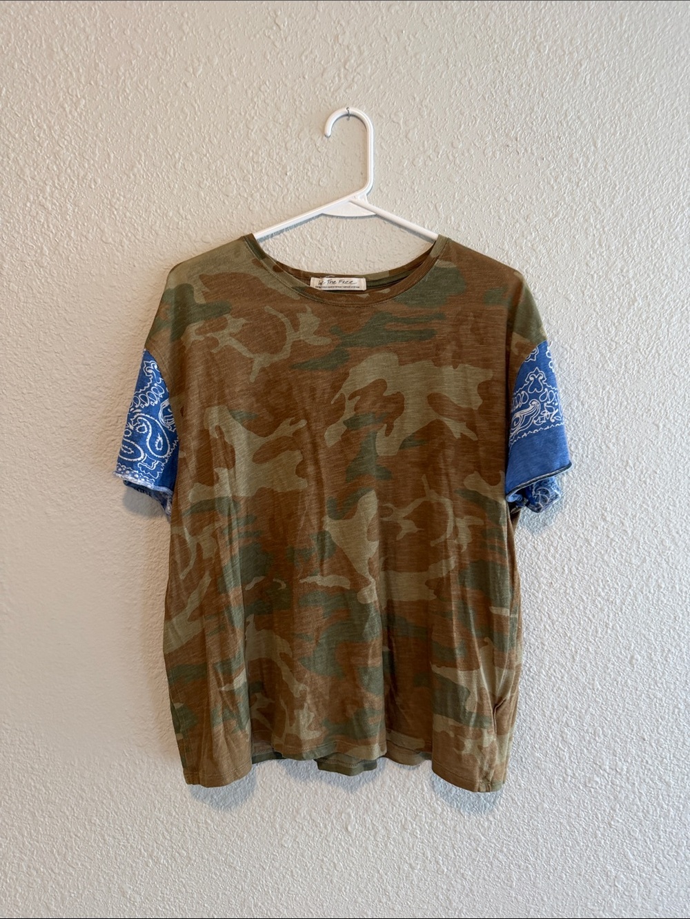 We The Free Camo Tee with Blue Bandana Sleeve Accents